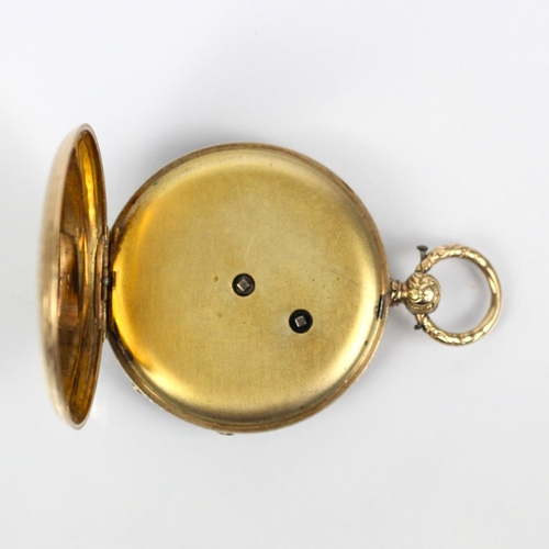 98 - A 19th century pocket watch, the circular gold coloured engraved dial with Roman numerals, set to fl... 