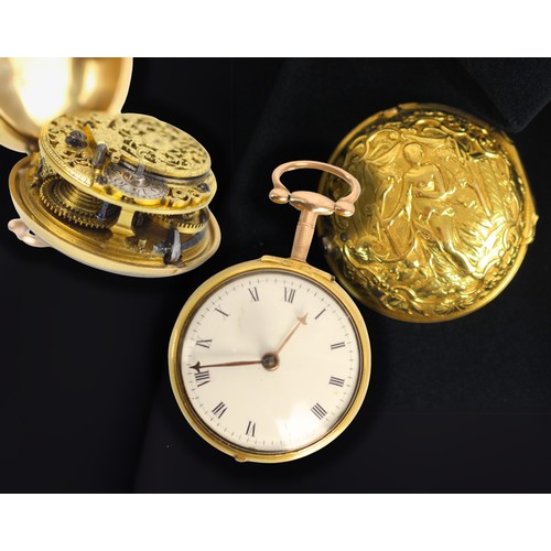 91 - A George II Andrew Dunlop verge yellow metal pocket watch, the circular white dial with Roman numera... 