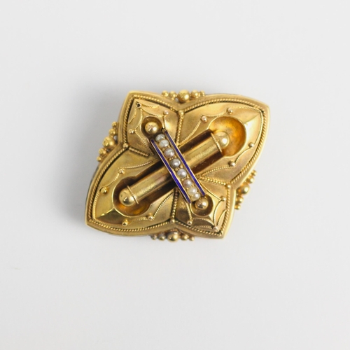 227 - A 19th century gold coloured enamel and split pearl brooch/pendant, the shaped brooch with raised ce... 