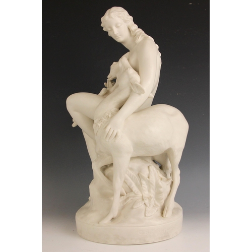 284 - After Charles Bell Birch ARA (British, 1832-1893), a Parian ware model of a seated woodland nymph wi... 
