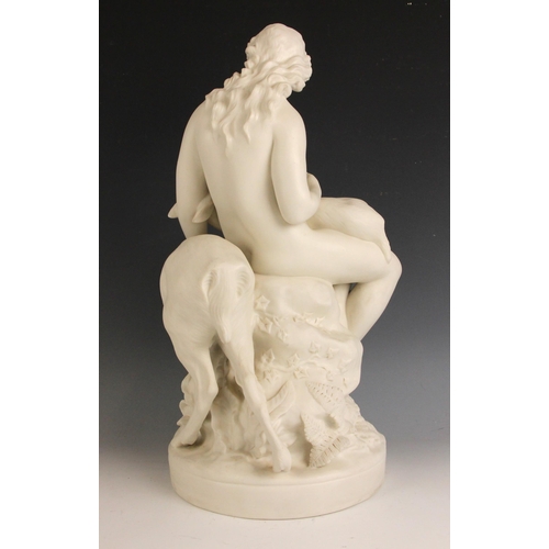 284 - After Charles Bell Birch ARA (British, 1832-1893), a Parian ware model of a seated woodland nymph wi... 