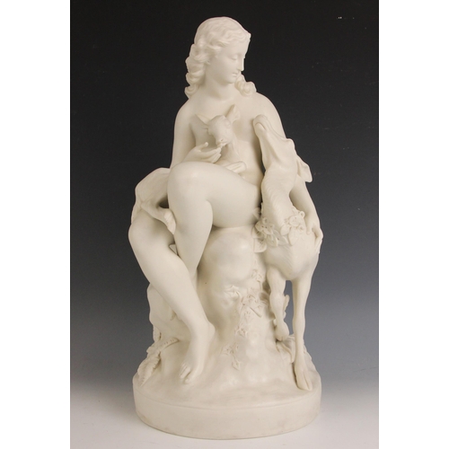 284 - After Charles Bell Birch ARA (British, 1832-1893), a Parian ware model of a seated woodland nymph wi... 