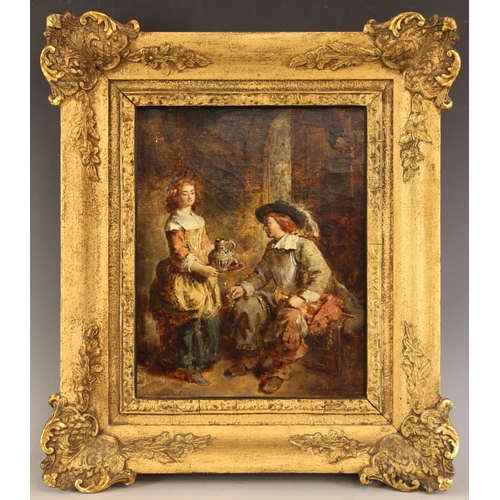 288 - English school (19th century),  
A serving girl bringing wine to a Cavalier bugler,  
Oil on canvas,... 