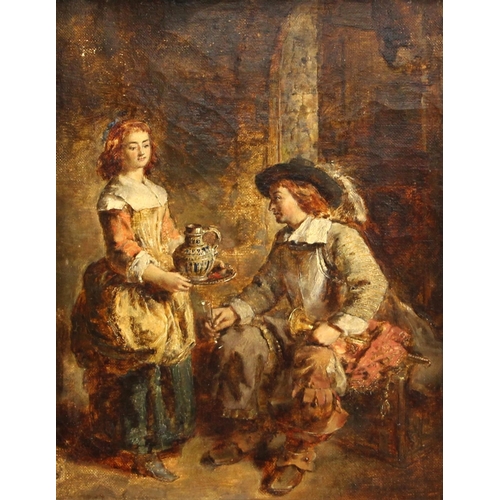 288 - English school (19th century),  
A serving girl bringing wine to a Cavalier bugler,  
Oil on canvas,... 
