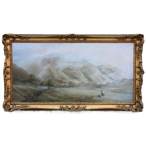 291 - W  J Swann (British, 20th century),   
Shepherd with sheepdog in a mountainous landscape,   
Oil on ... 