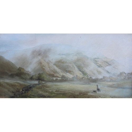 291 - W  J Swann (British, 20th century),   
Shepherd with sheepdog in a mountainous landscape,   
Oil on ... 