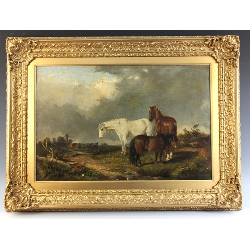 292 - English School (19th century),  
Horses grazing with travellers camped beyond,  
Oil on canvas,  
Pa... 