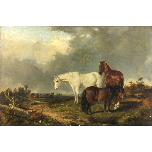 292 - English School (19th century),  
Horses grazing with travellers camped beyond,  
Oil on canvas,  
Pa... 