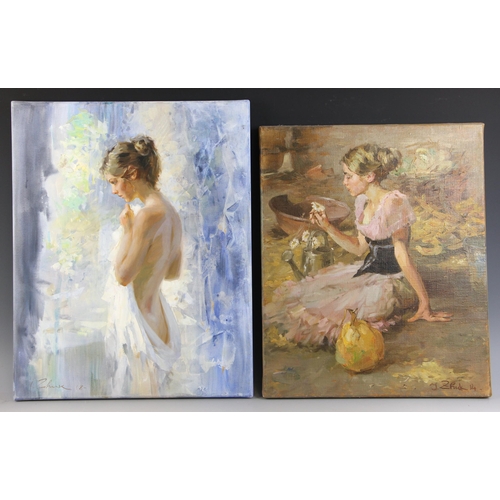 293 - Igor Zhuk (Ukrainian, contemporary),  
A woman with flower, pumpkin and watering can,  
Oil on canva... 