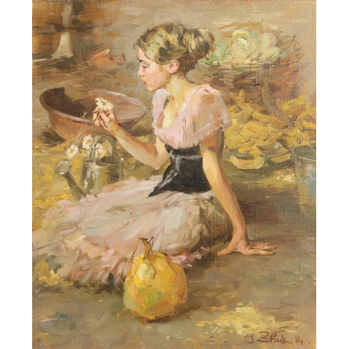 293 - Igor Zhuk (Ukrainian, contemporary),  
A woman with flower, pumpkin and watering can,  
Oil on canva... 