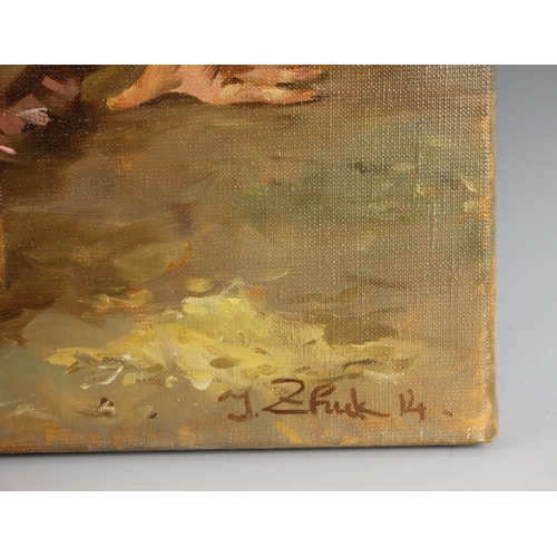 293 - Igor Zhuk (Ukrainian, contemporary),  
A woman with flower, pumpkin and watering can,  
Oil on canva... 