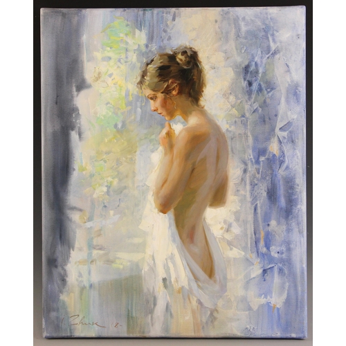 293 - Igor Zhuk (Ukrainian, contemporary),  
A woman with flower, pumpkin and watering can,  
Oil on canva... 