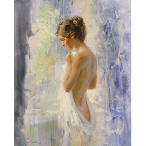 293 - Igor Zhuk (Ukrainian, contemporary),  
A woman with flower, pumpkin and watering can,  
Oil on canva... 