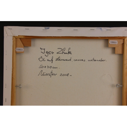 293 - Igor Zhuk (Ukrainian, contemporary),  
A woman with flower, pumpkin and watering can,  
Oil on canva... 