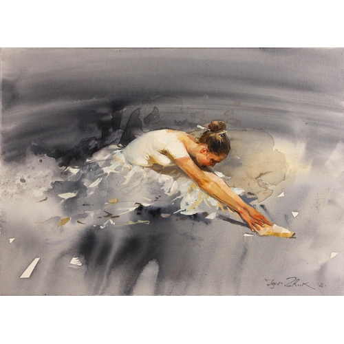 294 - Igor Zhuk (Ukrainian, contemporary),  
A ballerina stretching,  
Oil on canvas,  
Signed lower right... 