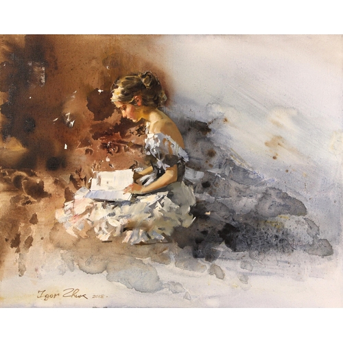 294 - Igor Zhuk (Ukrainian, contemporary),  
A ballerina stretching,  
Oil on canvas,  
Signed lower right... 