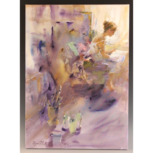 295 - Igor Zhuk (Ukrainian, contemporary),  
A seated woman reading in an artist's studio,  
Oil on canvas... 