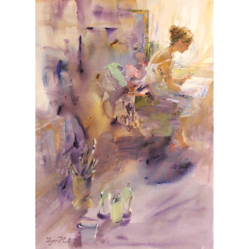 295 - Igor Zhuk (Ukrainian, contemporary),  
A seated woman reading in an artist's studio,  
Oil on canvas... 