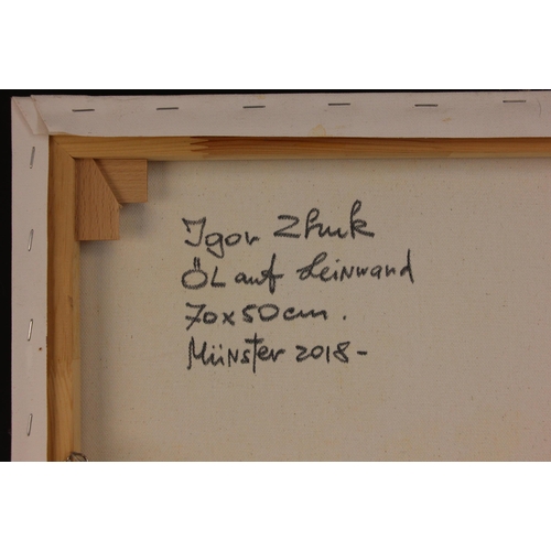 295 - Igor Zhuk (Ukrainian, contemporary),  
A seated woman reading in an artist's studio,  
Oil on canvas... 