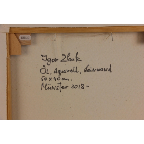 295 - Igor Zhuk (Ukrainian, contemporary),  
A seated woman reading in an artist's studio,  
Oil on canvas... 