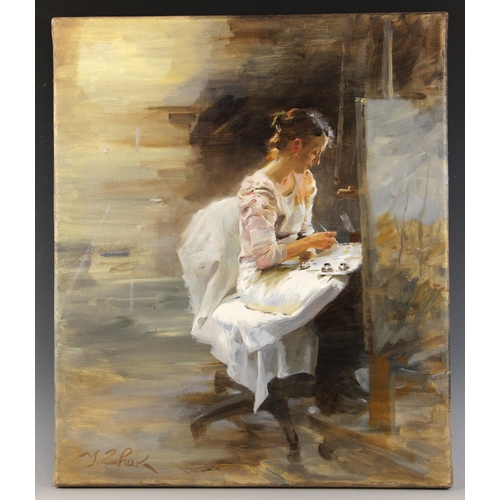 296 - Igor Zhuk (Ukrainian, contemporary),  
An artist working at her easel,  
Oil on canvas,  
Signed low... 