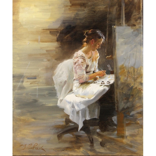 296 - Igor Zhuk (Ukrainian, contemporary),  
An artist working at her easel,  
Oil on canvas,  
Signed low... 