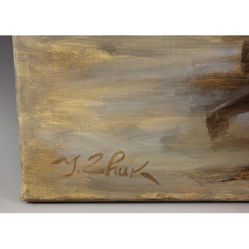 296 - Igor Zhuk (Ukrainian, contemporary),  
An artist working at her easel,  
Oil on canvas,  
Signed low... 