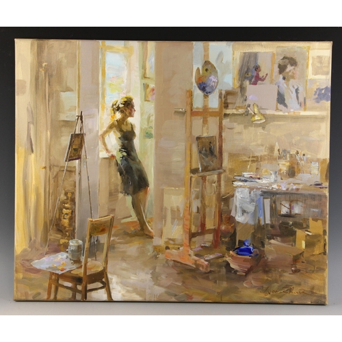 296 - Igor Zhuk (Ukrainian, contemporary),  
An artist working at her easel,  
Oil on canvas,  
Signed low... 