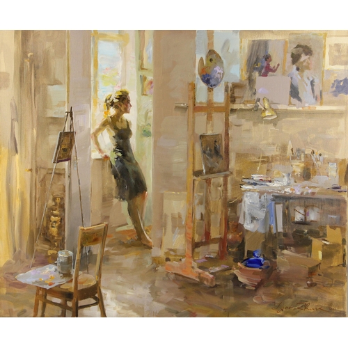 296 - Igor Zhuk (Ukrainian, contemporary),  
An artist working at her easel,  
Oil on canvas,  
Signed low... 