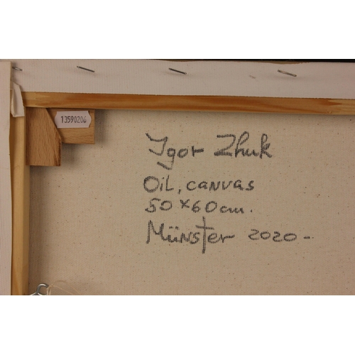 296 - Igor Zhuk (Ukrainian, contemporary),  
An artist working at her easel,  
Oil on canvas,  
Signed low... 