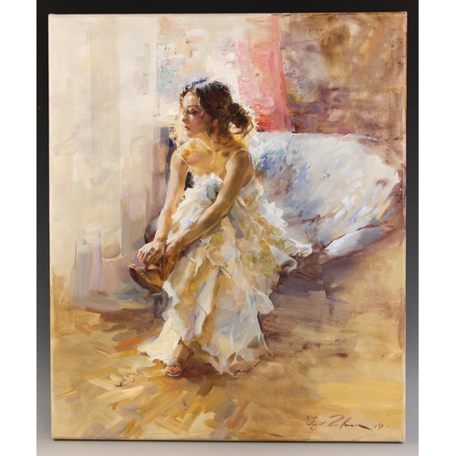 297 - Igor Zhuk (Ukrainian, contemporary),  
A seated woman in white dress removing her shoes,  
Oil on ca... 