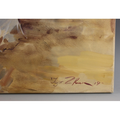 297 - Igor Zhuk (Ukrainian, contemporary),  
A seated woman in white dress removing her shoes,  
Oil on ca... 