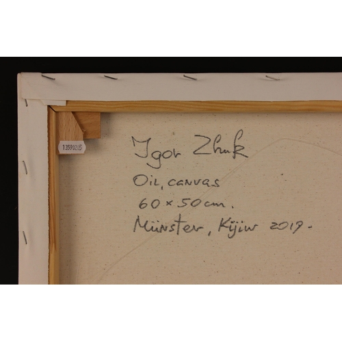 297 - Igor Zhuk (Ukrainian, contemporary),  
A seated woman in white dress removing her shoes,  
Oil on ca... 