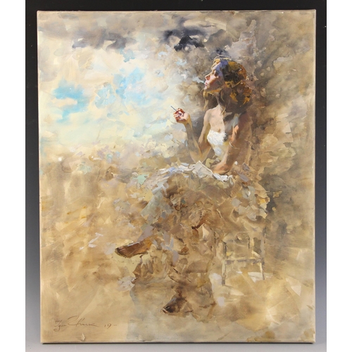 297 - Igor Zhuk (Ukrainian, contemporary),  
A seated woman in white dress removing her shoes,  
Oil on ca... 