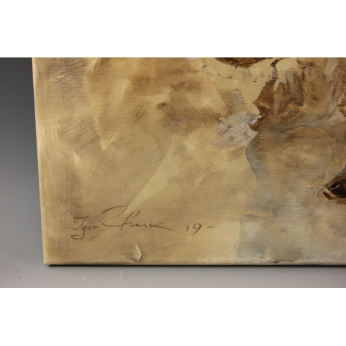 297 - Igor Zhuk (Ukrainian, contemporary),  
A seated woman in white dress removing her shoes,  
Oil on ca... 