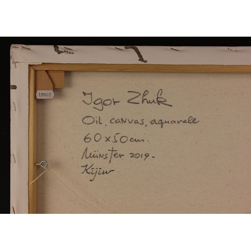 297 - Igor Zhuk (Ukrainian, contemporary),  
A seated woman in white dress removing her shoes,  
Oil on ca... 