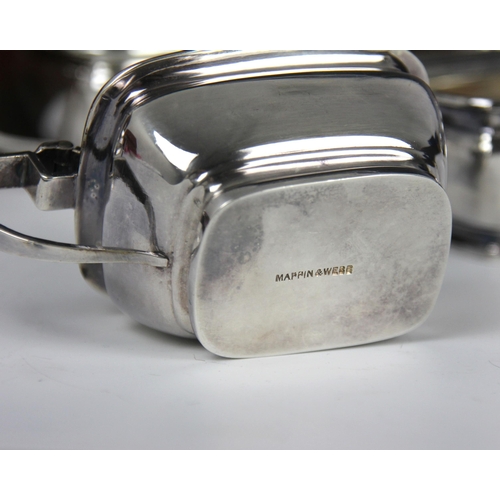 122 - A cased set of silver plated Mappin and Webb condiment sets, comprising three pepperettes, three wet... 