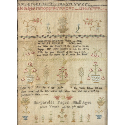 485 - A George III needlework sampler worked by Margaretta Fagen Miall, aged nine years, dated June 8th 18... 