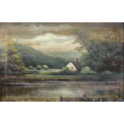 329 - English School (19th century), 
A river landscape with jetty and cottage beyond,  
Oil on canvas,  
... 