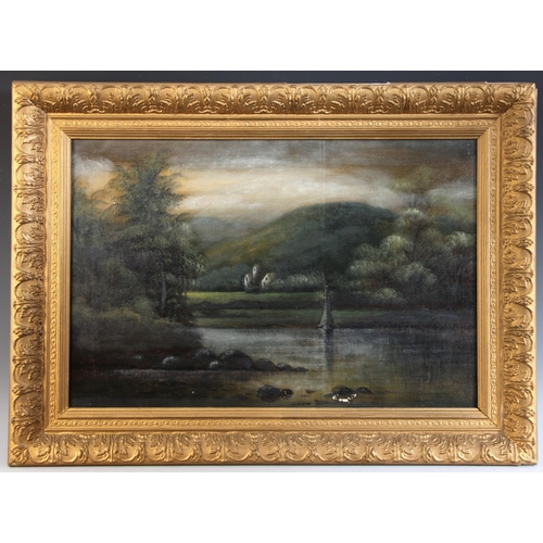 329 - English School (19th century), 
A river landscape with jetty and cottage beyond,  
Oil on canvas,  
... 