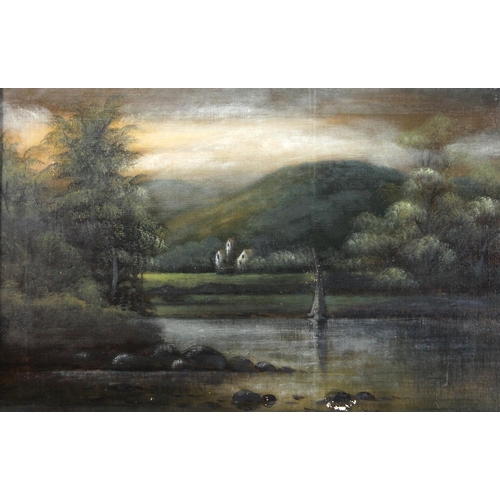 329 - English School (19th century), 
A river landscape with jetty and cottage beyond,  
Oil on canvas,  
... 