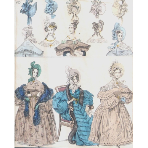 373 - Five lithographic fashion prints depicting ladies' garments from the 1830s and 1840s, in matching gl... 