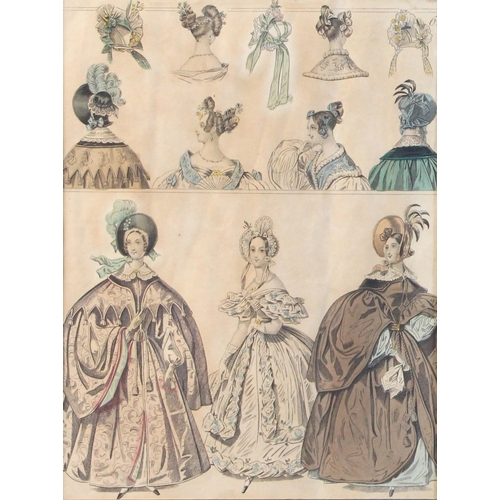 373 - Five lithographic fashion prints depicting ladies' garments from the 1830s and 1840s, in matching gl... 