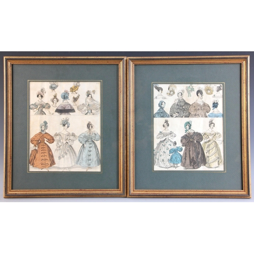 373 - Five lithographic fashion prints depicting ladies' garments from the 1830s and 1840s, in matching gl... 