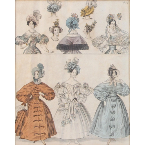 373 - Five lithographic fashion prints depicting ladies' garments from the 1830s and 1840s, in matching gl... 