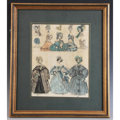 373 - Five lithographic fashion prints depicting ladies' garments from the 1830s and 1840s, in matching gl... 