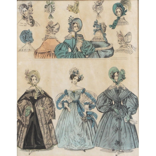 373 - Five lithographic fashion prints depicting ladies' garments from the 1830s and 1840s, in matching gl... 