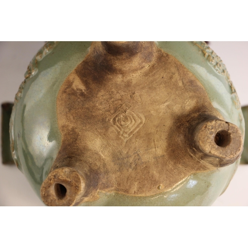 439 - A large Chinese Longquan celadon glazed incense burner, the koro of cauldron form with two scroll ha... 