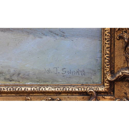 291 - W  J Swann (British, 20th century),   
Shepherd with sheepdog in a mountainous landscape,   
Oil on ... 