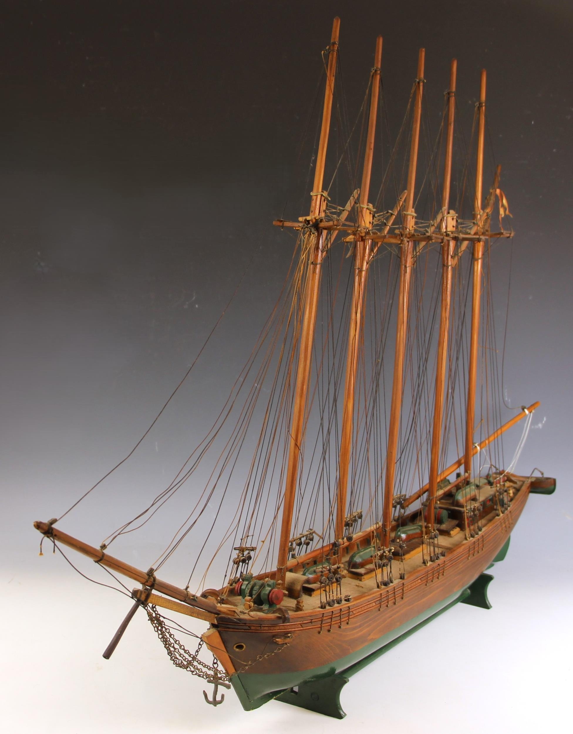 A wooden model of a five masted schooner or tea clipper, the rigging ...